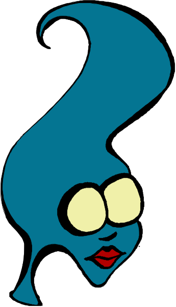 The image shows a cartoon character with blue hair styled into waves on either side of her head; she has large eyes that appear to be glowing yellowish-green in color, giving them an otherworldly look. Her mouth is open as if speaking or singing and there's no visible text within the frame provided by this image snippet. The character seems friendly with a welcoming expression on its face.
