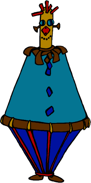 The image shows a cartoon of an anthropomorphic chicken character wearing blue pants with red stripes on its legs, standing upright in front of what appears to be a flagpole against a plain background.
