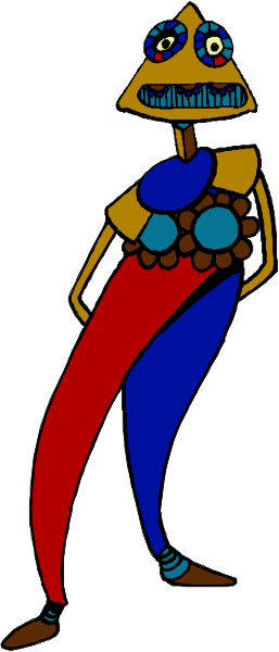 The illustration shows a cartoon character that resembles an anthropomorphic figure with exaggerated features such as large eyes and ears, wearing blue pants adorned with red stripes on one leg, standing against a plain background.
