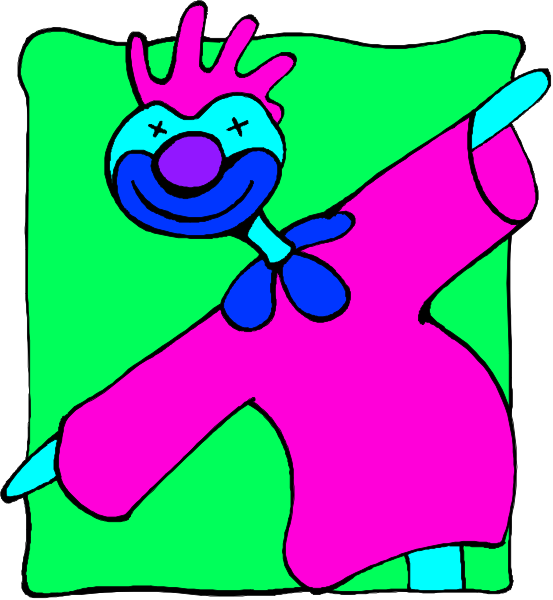 The image shows a colorful cartoon of an anthropomorphic clown character with exaggerated features such as large eyes, red nose, big smile, purple hair in pigtails, wearing pink clothing standing on one leg and holding up another hand to balance itself against a green background.