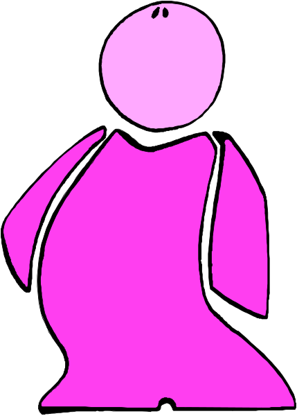 The image shows a pink figure with an elongated neck standing upright against a white background.