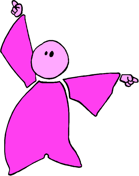 The image shows a pink stick figure of an animated character with arms outstretched as if dancing or celebrating against a plain background.