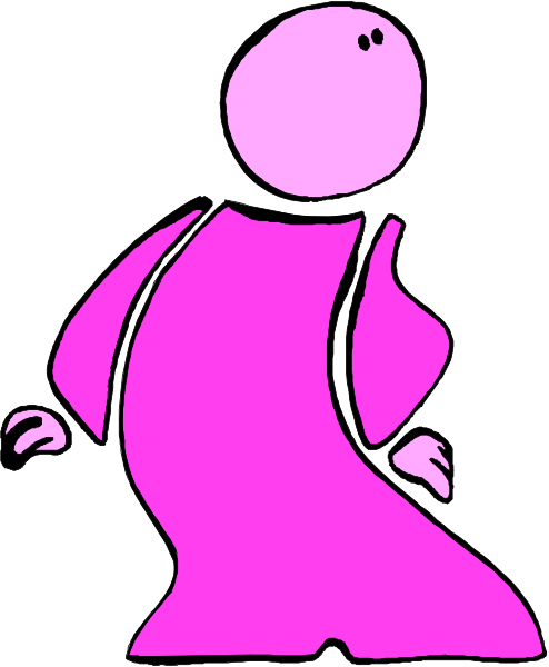 The image shows a cartoon of an animated character with pink hair standing on two legs while wearing purple clothing; it is drawn in black ink against white paper background.