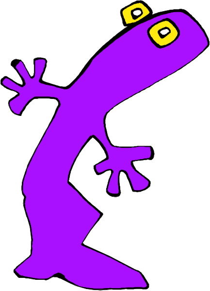 The image shows a purple cartoon character with yellow eyes standing upright on two legs against a white background.
