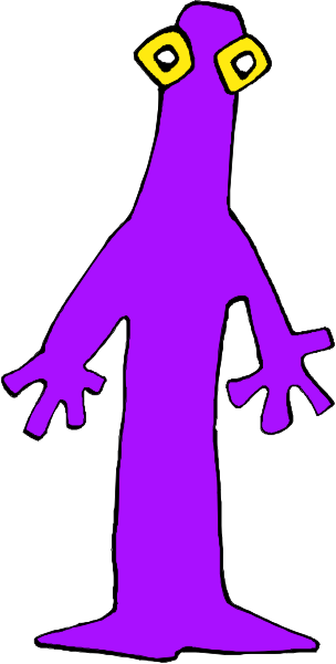 The image shows a purple cartoon character with yellow eyes standing upright against a white background on what appears to be paper.