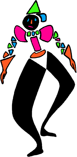 The image shows a cartoon character with exaggerated features such as large eyes and an elongated body standing on what appears to be stilts in front of two vertical lines that could represent poles or pillars, all set against a plain background.