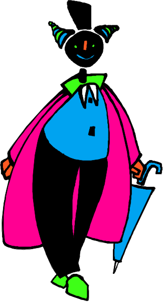 The image shows a cartoon of an animated character dressed as Dracula with green hair holding a pink umbrella standing next to another figure that appears to be in motion walking away from it.