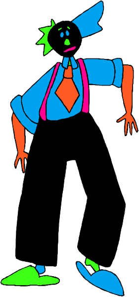 The image shows a cartoon of an animated character standing upright with arms outstretched against a plain background.