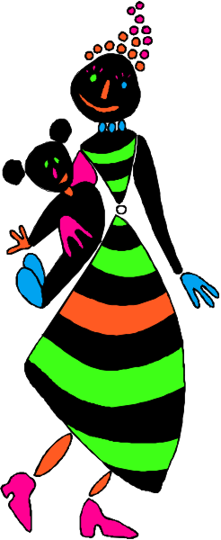 The image shows a cartoon of an adult woman holding a child's hand while walking down what appears to be a street with buildings in the background. Both characters have exaggerated features typical for clip-art illustrations, such as large eyes and simple facial expressions.