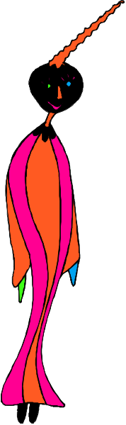 The image shows a colorful cartoon of an animated character with long hair standing against a plain background.