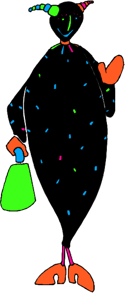 The image shows a cartoon of an anthropomorphic fish character with spots on its body standing upright against a white background; it is holding what appears to be a green bag in one hand while gesturing towards itself and another figure, which seems like a humanoid shape but lacks facial features or limbs.