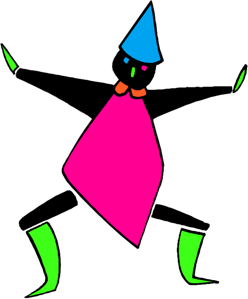 The image shows a cartoon character with blue hair wearing pink boots dancing on its toes while holding out arms to either side in an exaggerated pose against a white background.