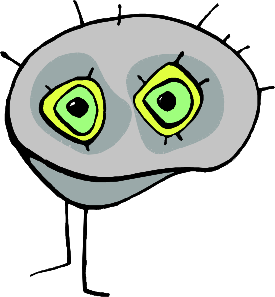 The image shows a cartoon of an anthropomorphic microbe with two eyes looking upwards towards something off-frame to its right.