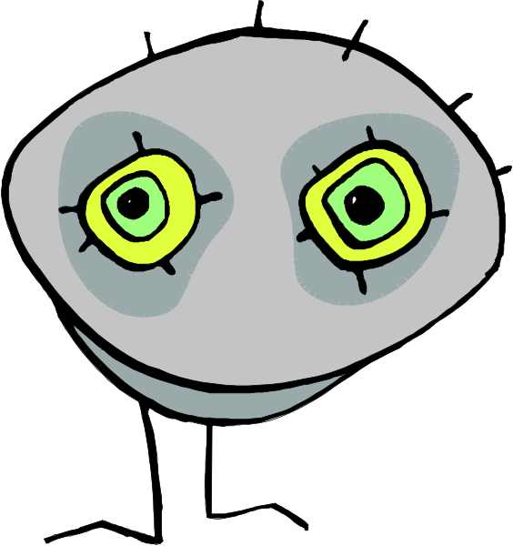 The image shows a cartoon of an owl with big eyes looking surprised next to another smaller creature that appears to be made up of various parts like gears and springs, suggesting it might represent some sort of mechanical being or robot.
