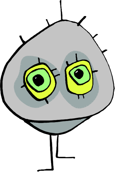 The image shows a cartoon of an alien with two eyes on its face standing against a plain background.