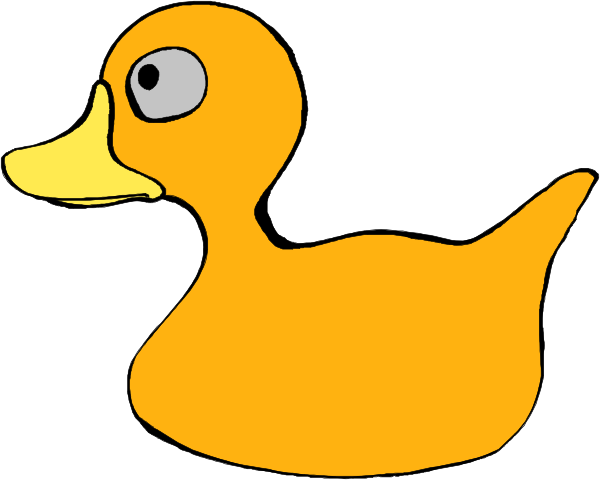 The image shows a cartoon of an orange duck with its head turned to look at something off camera while it's swimming in water.