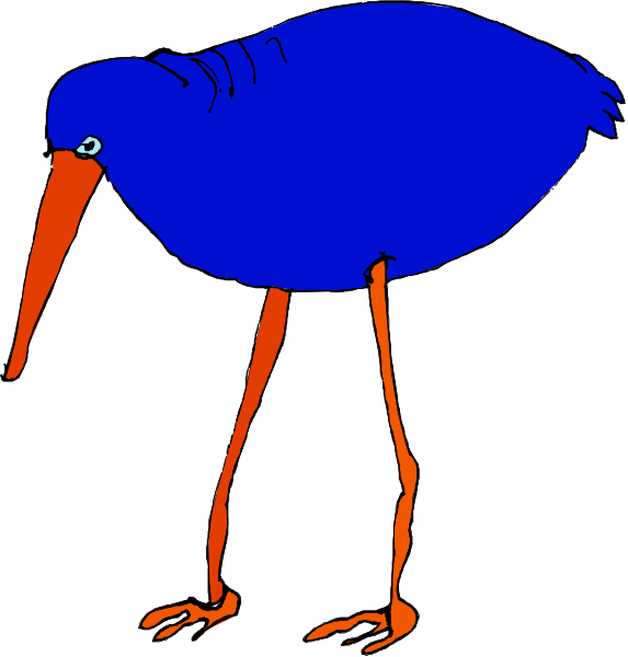 The image shows a cartoon of an ostrich with blue feathers standing on two legs next to another similar bird that is facing away from us in profile view.