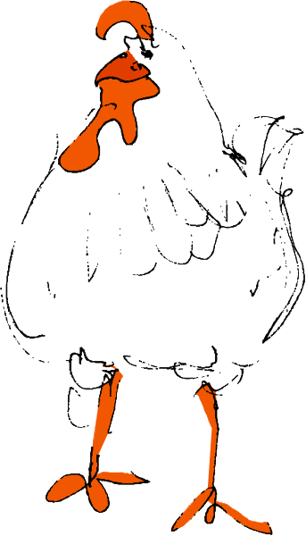The image shows a black and white photo of an orange chicken with red feet standing on its legs next to what appears to be another bird in flight against a gray background.