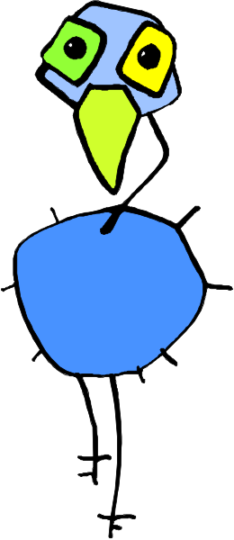The image shows a cartoon bird with blue feathers standing next to what appears to be an abstract background that resembles vertical lines in shades of gray and brown.
