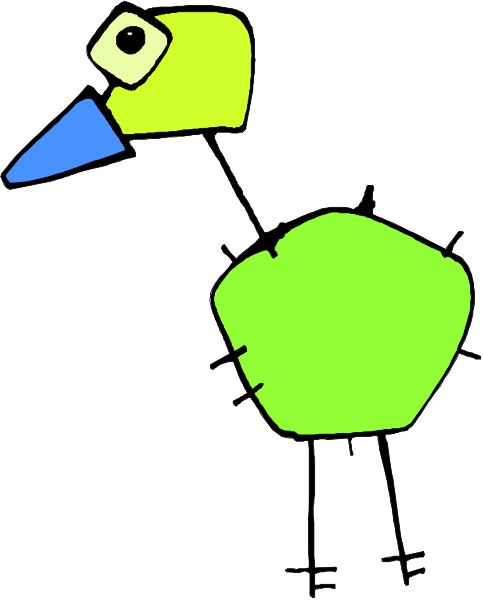 The image shows a cartoon of an ostrich with blue feathers on its head standing next to another bird that appears to be made out of paper clips in various shapes like circles and rectangles attached together, giving it a greenish coloration.