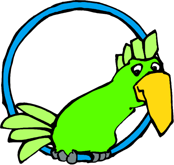 The image features a cartoon parrot with green feathers sitting on top of an object that resembles a blue hula hoop.