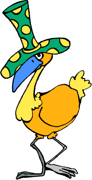 The cartoon depicts a bird wearing an oversized top hat with polka dots on it, sunglasses, and holding its wings out to either side while standing upright in front of what appears to be a wallpaper background featuring stripes.