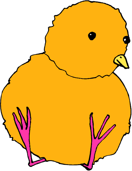 The image shows a cartoon of an orange chicken with pink legs standing upright on two feet against a white background.