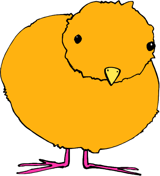 The image shows a cartoon of an orange chicken with pink legs standing on what appears to be grassy ground against a white background.