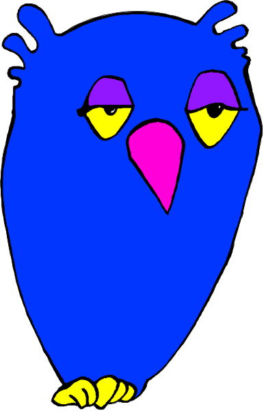 The image features a cartoon owl with purple feathers on its head standing next to an orange beak.
