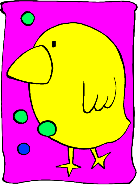 The image shows a cartoon of an orange bird with yellow beak standing on top of pink background filled with small white circles that resemble bubbles floating around it.