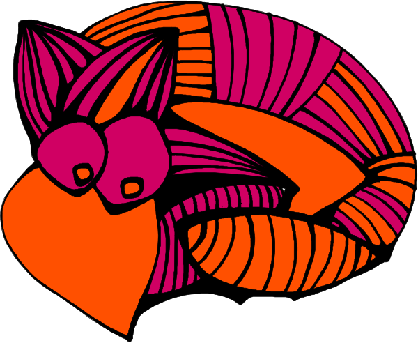 The image shows a cartoon cat with an orange body sitting on top of what appears to be pink striped fabric.