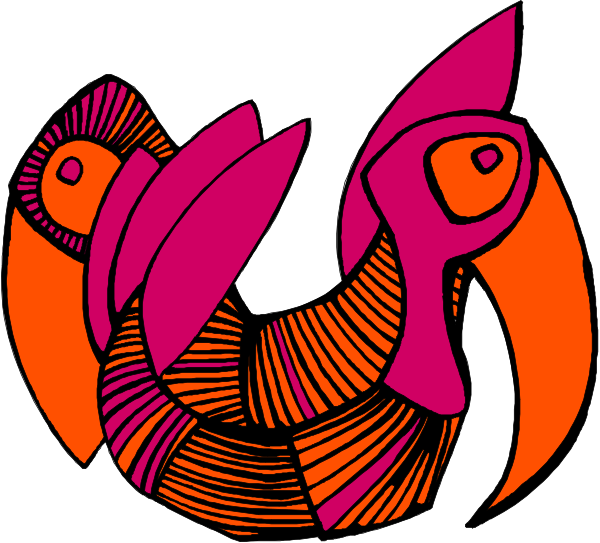 The image shows a colorful illustration of two stylized fish with pink bodies and orange fins swimming near each other in an abstract background that resembles water waves.