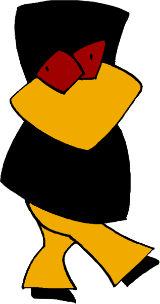 The image shows a cartoon of an anthropomorphic fish character with red fins standing upright on its tail fin against a black background; it is smiling broadly while holding what appears to be a notebook in one hand and waving at someone, possibly another person or animal not visible within the frame.