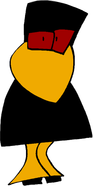 The image shows a cartoon of an anthropomorphic bird with red eyes wearing glasses standing upright on two legs against a white background.