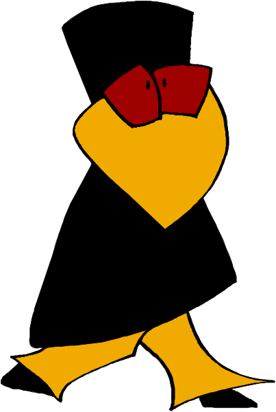 The image shows a cartoon character that resembles an anthropomorphic bird with red glasses walking on two legs to its right in front of what appears to be a black background.