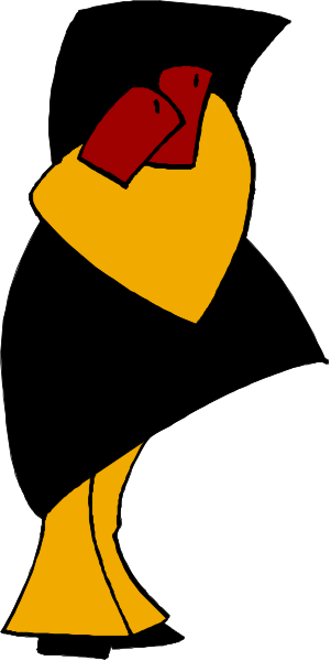 The image shows a stylized cartoon of two figures standing side by side with their arms around each other's shoulders; one figure is wearing yellow clothing while the other wears black.