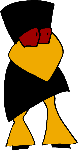 The image shows a cartoon of an anthropomorphic character with red hair standing upright on two legs against a black background.