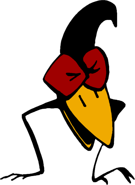 The image shows a cartoon of an anthropomorphic bird with red hair wearing glasses and holding what appears to be a microphone in its right hand while standing on one leg atop another.