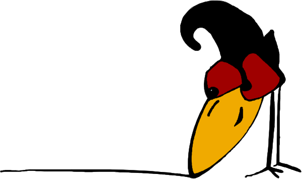 The image shows a cartoon of an anthropomorphic penguin with red goggles on its eyes standing next to what appears to be a small birdhouse in front of it.