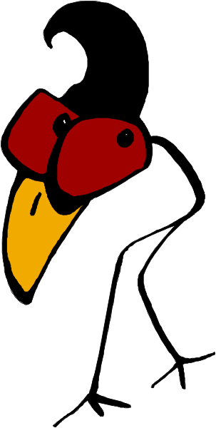 The image shows a cartoon of an anthropomorphic bird with red feathers on its head wearing glasses, standing upright in front of what appears to be a flagpole against a gray background.