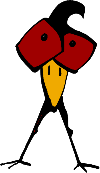 The image shows a cartoon bird with red feathers on its head standing upright against a white background.