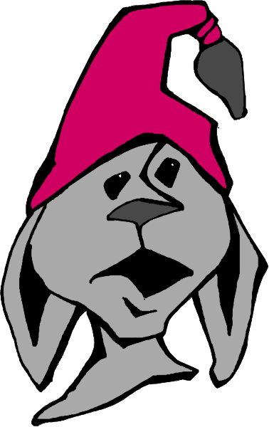 The image shows a cartoon of an anthropomorphic dog wearing a red hat with ears sticking out from it, resembling elf-like features, standing upright on two legs against a white background.