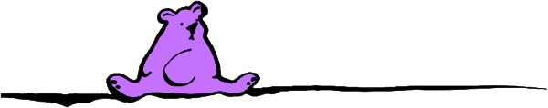 The image shows a purple bear walking on its hind legs along an ice surface with snow around it.