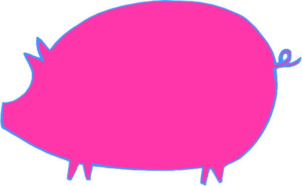 The image shows a pink pig with ears on top of its head standing next to an outline drawing that resembles another pig in black ink against a white background.