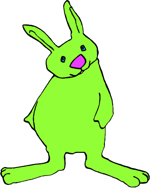 The image shows a cartoon of an anthropomorphic green rabbit standing upright on its hind legs with front paws outstretched as if waving at something off-camera.