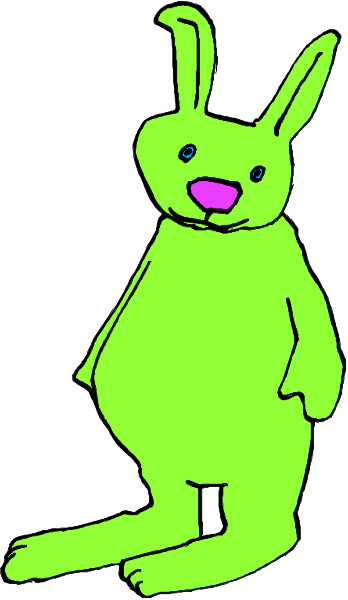 The image shows a cartoon of an anthropomorphic green bunny standing upright on two legs with its arms outstretched as if it's dancing or performing some action in front of what appears to be a plain background, possibly indicating that this is meant for coloring purposes given the white space around.