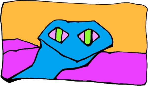 The image shows a cartoon of an alien with purple eyes sitting on top of what appears to be a bedspread in front of a window that has orange curtains partially drawn back during sunset.