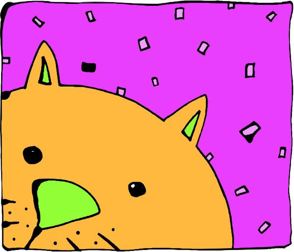 The image shows a cartoon of an orange cat with two panels: In the top panel, there is confetti falling around it; in the bottom panel, another similar-looking cat appears to be looking at something offscreen while standing on what looks like a purple surface or background.