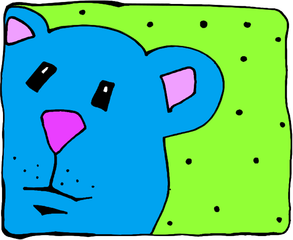 The image shows a cartoon of an adorable blue teddy bear with pink ears lying on its side inside what appears to be a green square frame against a white background.