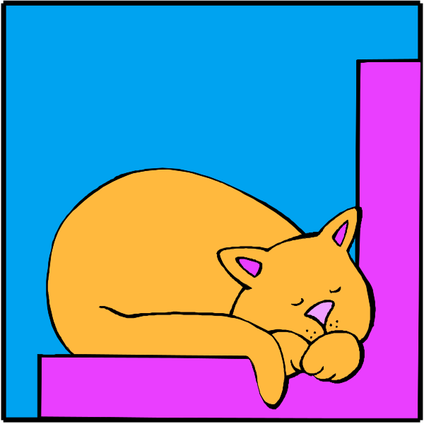 The image shows a cartoon of an orange cat lying down on its side with eyes closed next to what appears to be a purple block in front of it against a blue background.